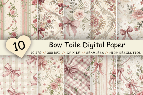 Bow Toile Digital Paper Pack: Vintage Floral Elegance