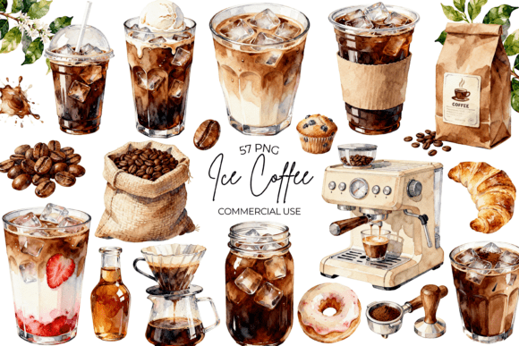 Elevate Designs with Watercolor Ice Coffee Clipart Aesthetic