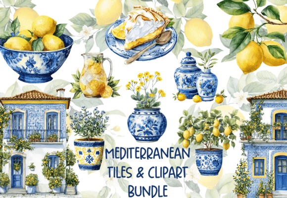 Mediterranean Tile & Lemon Clipart Set: A Touch of Southern European Charm