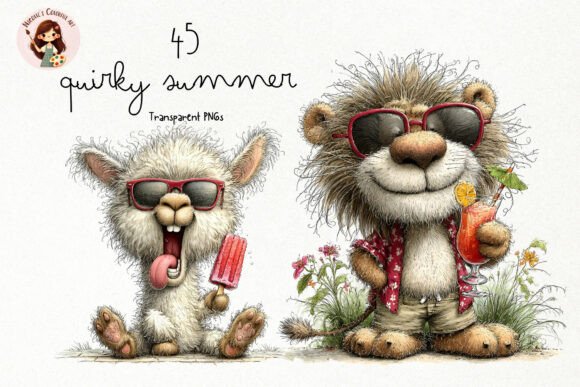 Quirky Summer Animals PNG Set: A Creative Design Asset