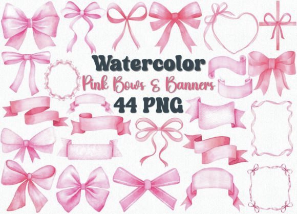 Watercolor Pink Bows Clipart Set: 44 PNG Elements