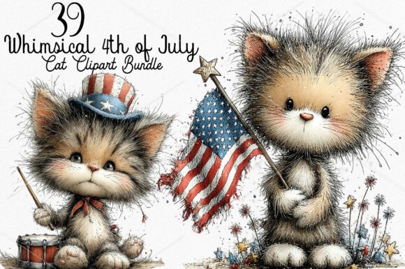 Whimsical 4th of July Cat Clipart Bundle: Patriotic Charm for Your Projects